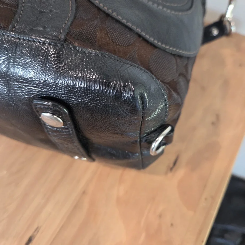 Coach Signature Patchwork Satchel Brown Jacquard Black Leather Shoulder Bag...